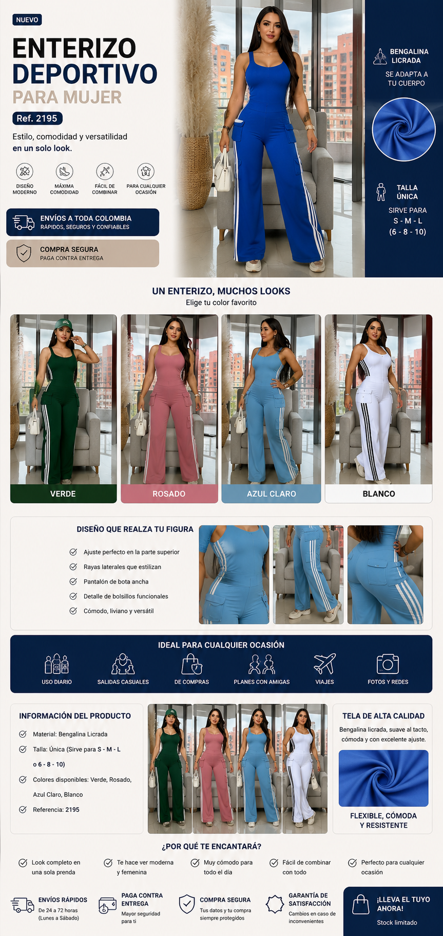 Enterizo Deportivo Mujer 2195 Bota Ancha con Rayas Laterales